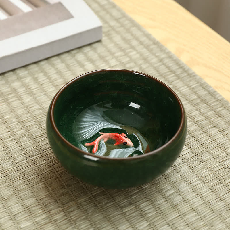 Buddha Stones Keramik-Teetasse mit Koi-Karpfen-Effekt und Crackle-Glasur - Grün - image 1