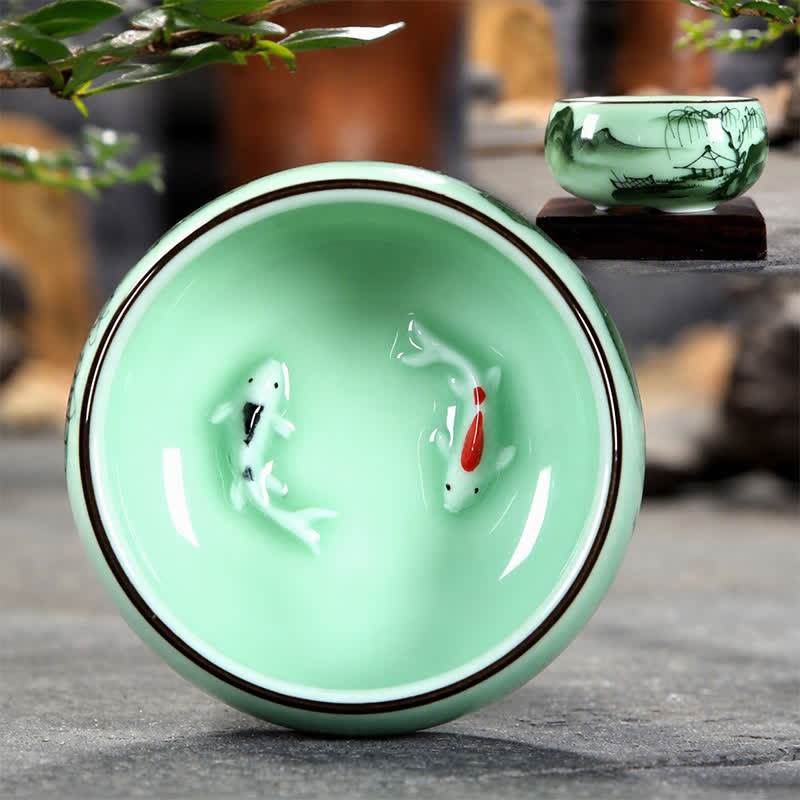 Buddha Stones Traditionelle Keramik-Teetasse mit Koi-Fisch- und Lotusmotiv - image 0