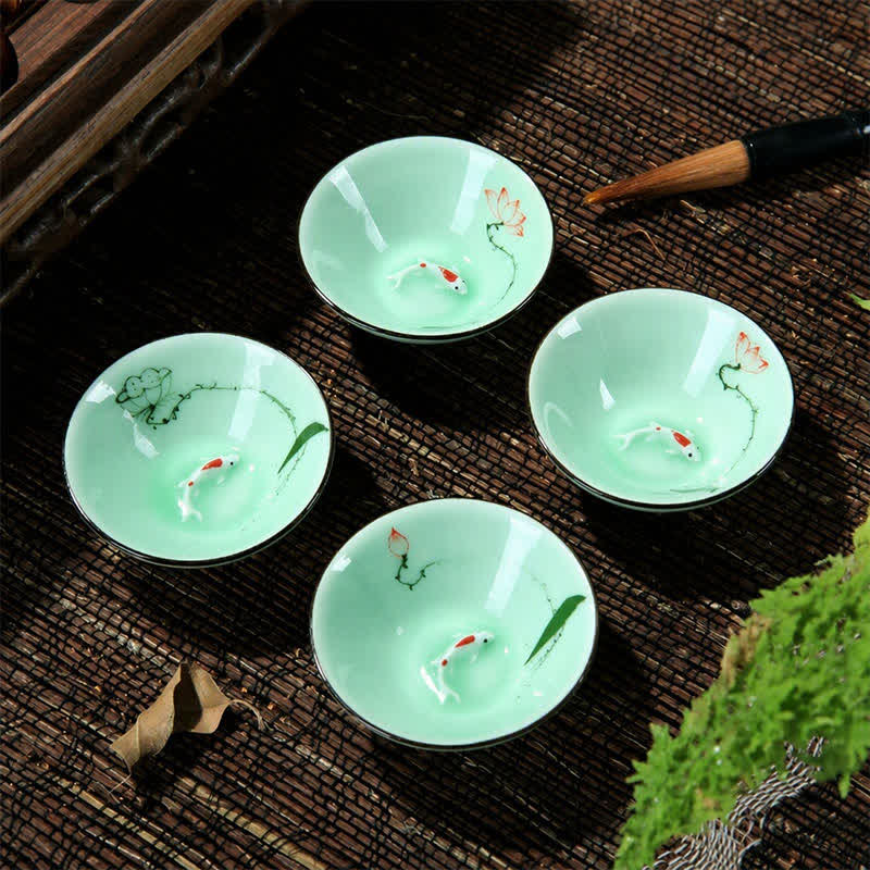 Buddha Stones Handbemalte Celadon-Keramik-Teetasse mit Lotus-Koi-Motiv (Douli) - image 11