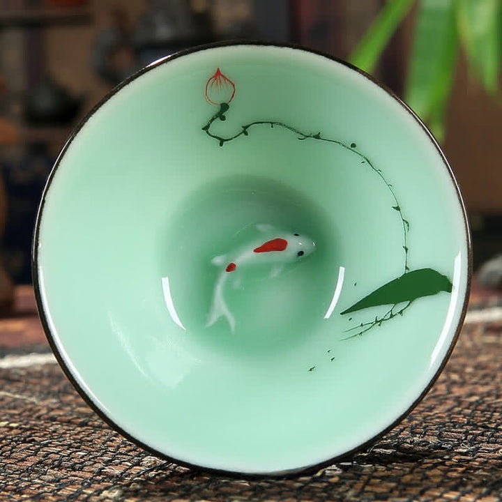 Buddha Stones Handbemalte Celadon-Keramik-Teetasse mit Lotus-Koi-Motiv (Douli) - Ein Lotus - image 7