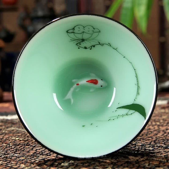 Buddha Stones Handbemalte Celadon-Keramik-Teetasse mit Lotus-Koi-Motiv (Douli) - Samenkapsel - image 8