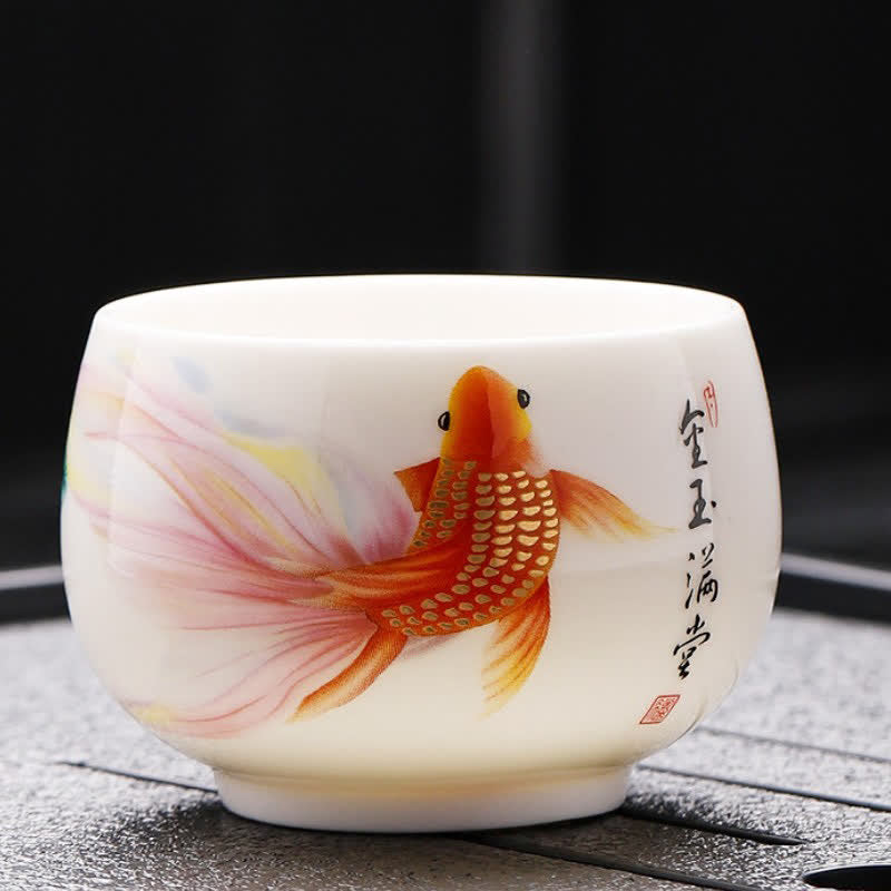 Buddha Stones Weiße Porzellan-Teetasse mit Koi-Lotus-Drachenmotiv, handbemalt - Koi-Karpfen - image 0