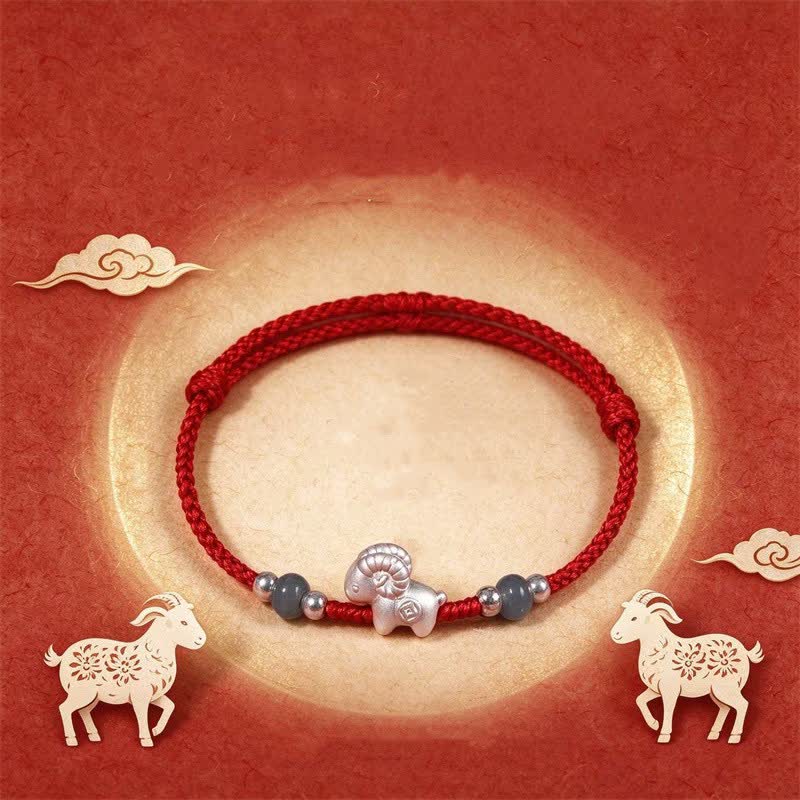 Buddha Stones Jahr des Schafes – Handgewebtes Armband aus 999er Sterlingsilber mit rotem Faden, Symbol für chinesisches Tierkreiszeichen und Glücksbringer für das Schaf. - image 1