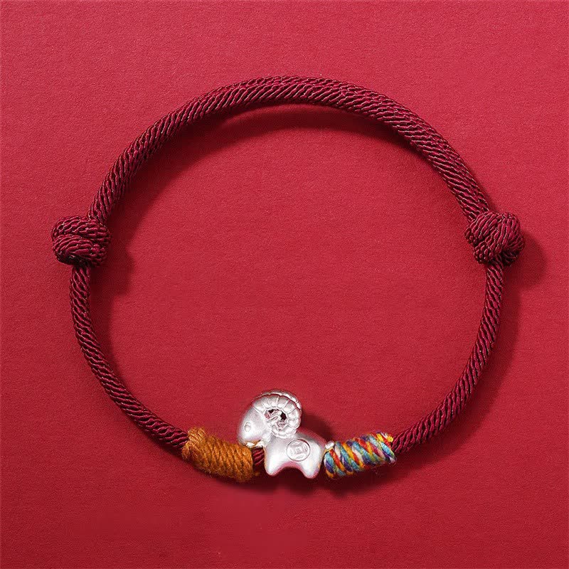 Buddha Stones Jahr des Schafes, 999 Sterling Silber, handgewebtes rotes Armband mit chinesischem Tierkreiszeichen Schaf - Silbernes Schaf Kastanienbraun (Handgelenkumfang: 15-16 cm) - image 0