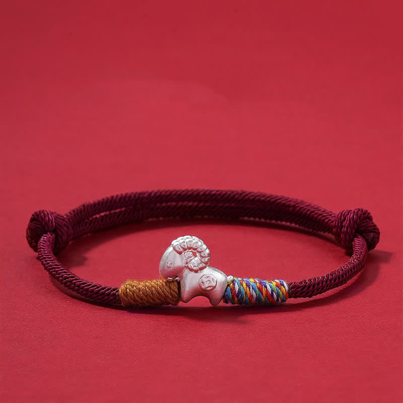 Buddha Stones Jahr des Schafes, 999 Sterling Silber, handgewebtes rotes Armband mit chinesischem Tierkreiszeichen Schaf - image 1
