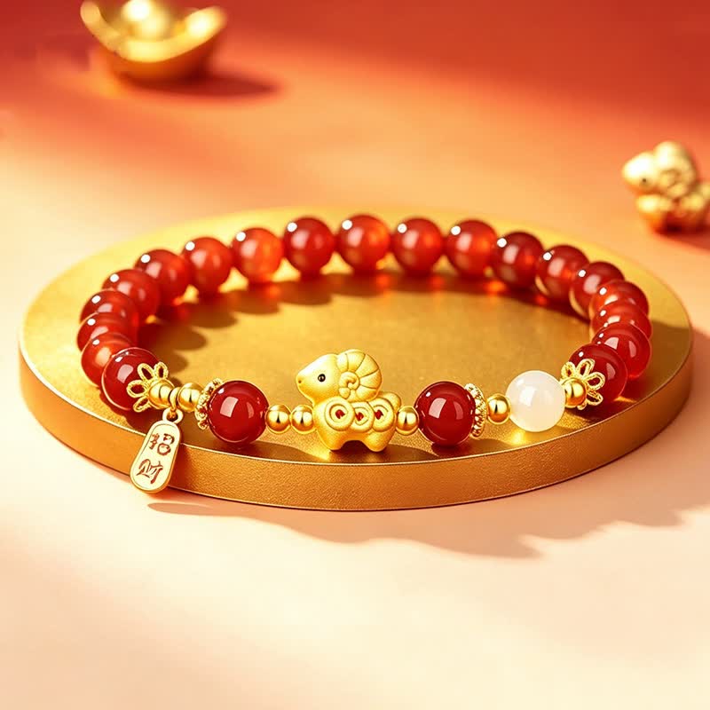 Buddha Stones Jahr des Schafes 925 Sterling Silber Roter Achat Schaf Kupfermünzen Anhänger Glücksarmband - image 1