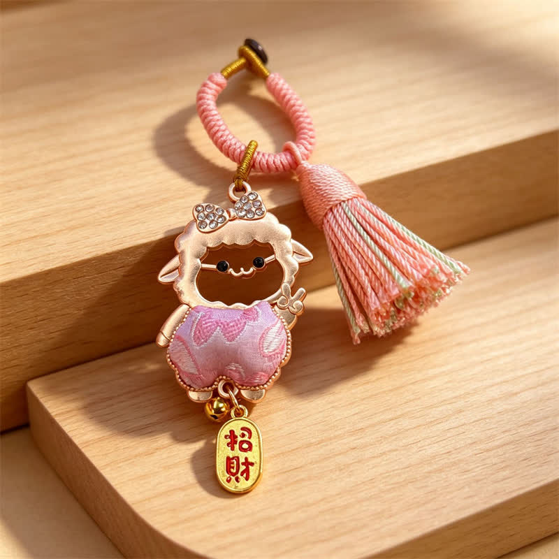 Buddha Stones Jahr des Schafes Lied Brokat Fu Zeichen Segen Lamm Quasten Schlüsselanhänger - Rosa - Schafgesicht-Ausschnitt – Zufälliges doppelseitiges Muster - image 18