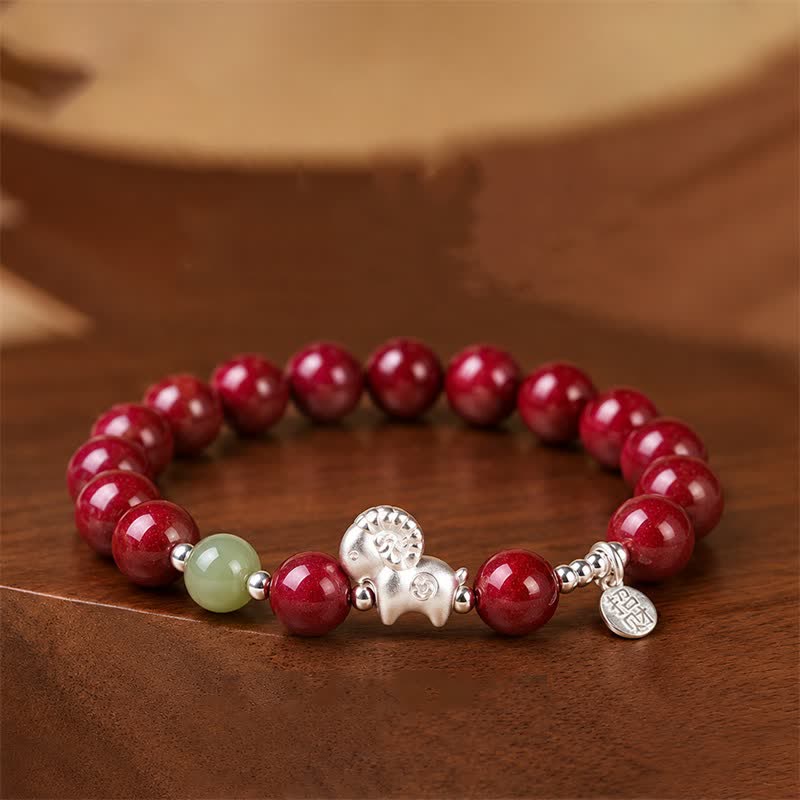 Buddha Stones Armband mit Sternzeichen Schaf (999er Sterlingsilber) und Zinnoberperle zum Schutz und zur Anziehung von Reichtum – Jahr des Schafes - Zinnober - 8 mm (Handgelenkumfang: 5,9–6,3 Zoll / 15–16 cm) - image 0