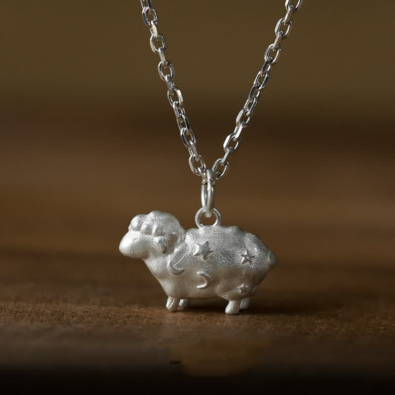 Buddha Stones Halskette mit Anhänger aus Sterlingsilber, chinesischem Tierkreiszeichen, Lamm, Mond und Stern, Symbol für Reinheit und Glück im Jahr des Schafes - 55 cm Kette - image 0