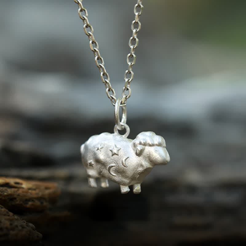 Buddha Stones Halskette mit Anhänger aus Sterlingsilber, chinesischem Tierkreiszeichen, Lamm, Mond und Stern, Symbol für Reinheit und Glück im Jahr des Schafes - image 1