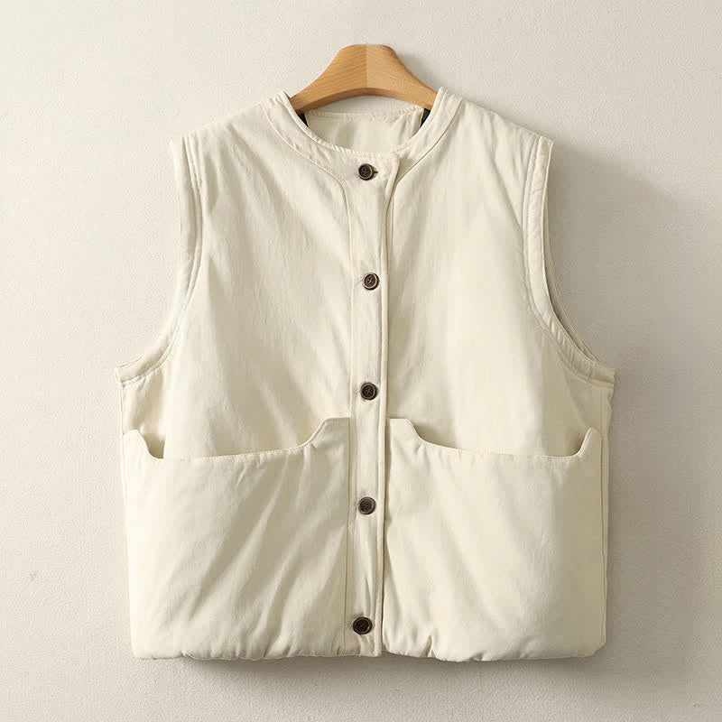 Buddha Stones Lässiges, einfarbiges Tanktop mit Knopfleiste und Taschen für Damen – perfekt für Herbst und Winter - Beige - US 8-10, UK/AU 12-14, EU 40-42 (XL) - image 1
