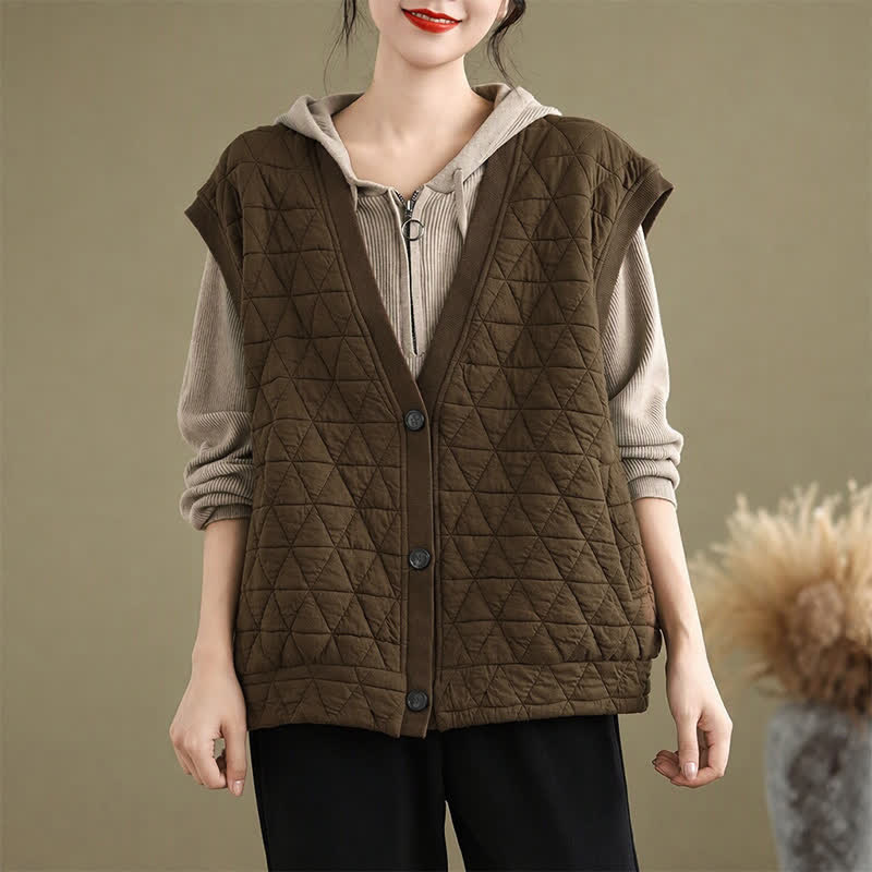 Buddha Stones Herbst/Winter Retro Casual Tanktop mit Knopfleiste, Rautensteppung und Tasche für Damen - Sattelbraun - US12, UK/AU16, EU44 (2XL) - image 0