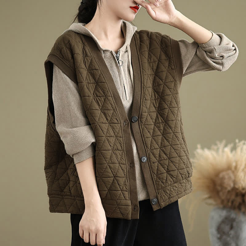 Buddha Stones Herbst/Winter Retro Casual Tanktop mit Knopfleiste, Rautensteppung und Tasche für Damen - image 1