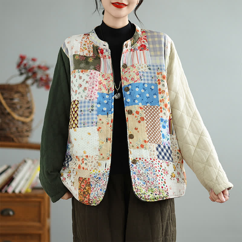 Buddha Stones Herbst/Winter Vintage Casual Damenjacke mit Knopfleiste, floralem Patchwork-Design, Wendefunktion und Taschen - Beige - US8-10, UK/AU12-14, EU40-42 (2XL) - image 0