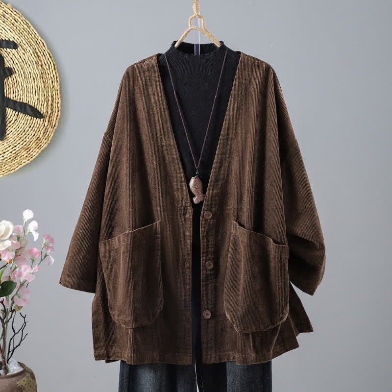 Buddha Stones Herbst/Winter Vintage Schlichte Cordjacke für Damen mit Knopfleiste und Taschen - Sattelbraun - US14, UK/AU18, EU46 (2XL) - image 0
