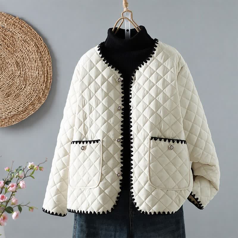 Buddha Stones Winterliche, lässige Vintage-Damenjacke mit Knopfleiste, geometrischem Rautenmuster und Taschen - Weiß - US6, UK/AU10, EU38 (XL) - image 0
