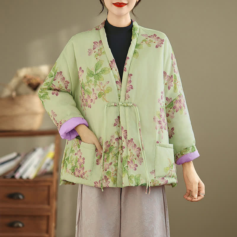 Buddha Stones Herbst/Winter Vintage Tang Style Froschknopf Blumenmuster Damenkimono mit Taschen - Honigmelone - US12, UK/AU16, EU44 (XL) - image 0