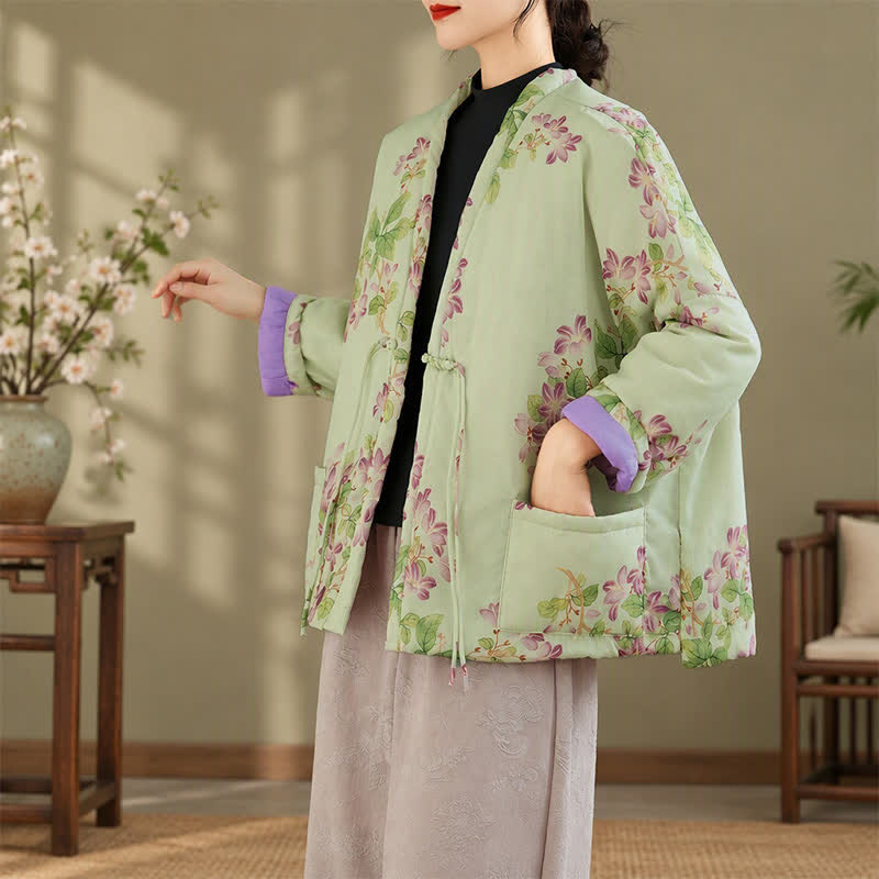 Buddha Stones Herbst/Winter Vintage Tang Style Froschknopf Blumenmuster Damenkimono mit Taschen - image 1
