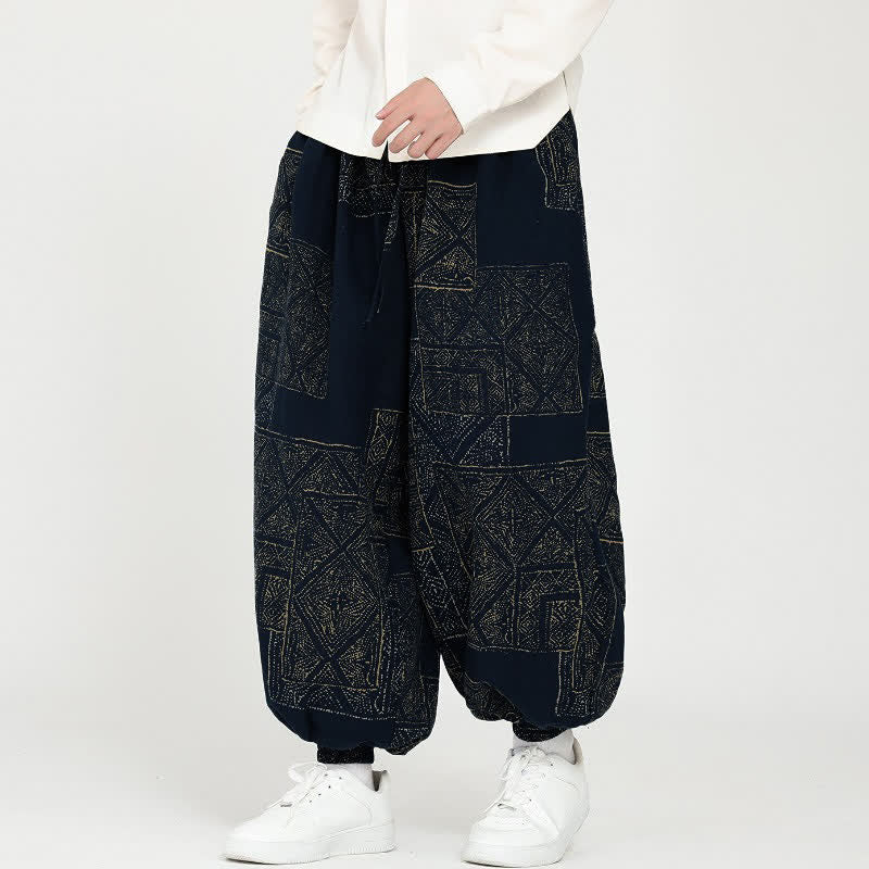 Buddha Stones Vintage-Freizeithose für Frühling und Herbst, lässige Haremshose mit Kordelzug, geometrischem Muster und Taschen - Mitternachtsblau - US/UK/AU46, EU56 (5XL) - image 0