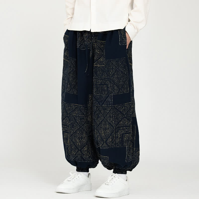 Buddha Stones Vintage-Freizeithose für Frühling und Herbst, lässige Haremshose mit Kordelzug, geometrischem Muster und Taschen - image 1