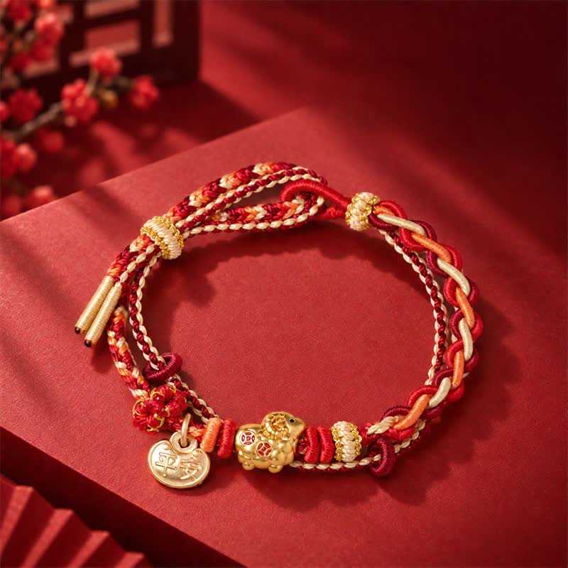 Buddha Stones Jahr des Schafes, Kupfermünzen, Schaf-Widder, geflochtenes rotes Band, Friedens- und Glücks-Charm-Armband - image 1