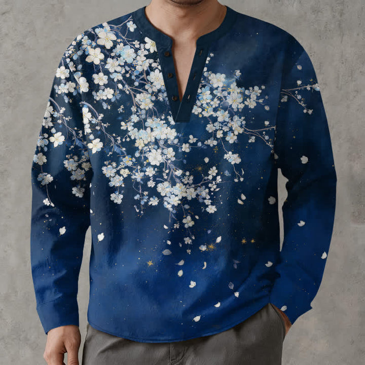 Buddha Stones Baumwollhemd mit floralem Muster (fallende Blütenblätter), V-Ausschnitt und Knöpfen, langärmlig, für Herren - Marine - US/ UK/AU48, EU58 (4XL) - image 0