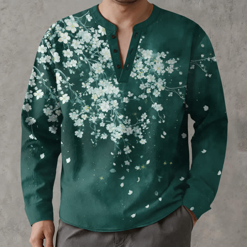 Buddha Stones Baumwollhemd mit floralem Muster (fallende Blütenblätter), V-Ausschnitt und Knöpfen, langärmlig, für Herren - Türkis - US/ UK/AU48, EU58 (4XL) - image 7