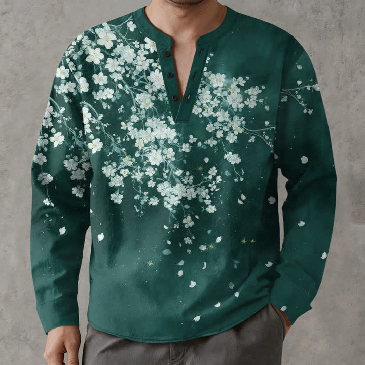 Buddha Stones Baumwollhemd mit floralem Muster (fallende Blütenblätter), V-Ausschnitt und Knöpfen, langärmlig, für Herren - Türkis - US/ UK/AU48, EU58 (4XL) - image 7
