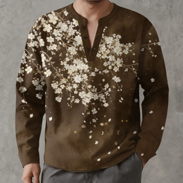 Buddha Stones Baumwollhemd mit floralem Muster (fallende Blütenblätter), V-Ausschnitt und Knöpfen, langärmlig, für Herren - Sattelbraun - US/ UK/AU48, EU58 (4XL) - image 14
