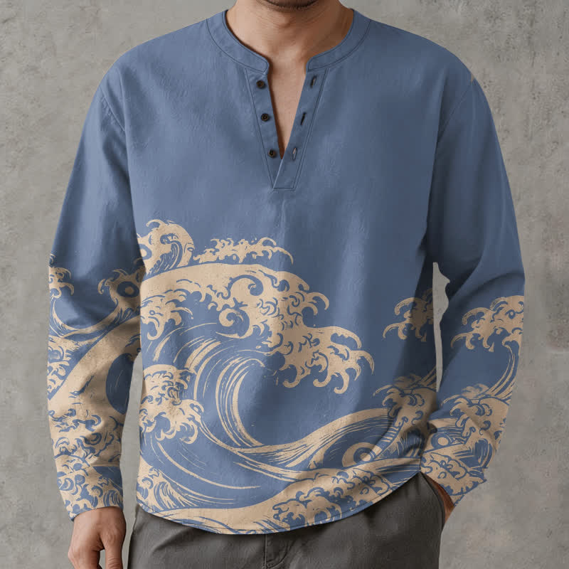 Buddha Stones Baumwollhemd im Vintage-Stil mit Wellen- und Wolkenmuster, V-Ausschnitt und Knöpfen, langärmlig, für Herren - Hellblau - US/ UK/AU48, EU58 (4XL) - image 0