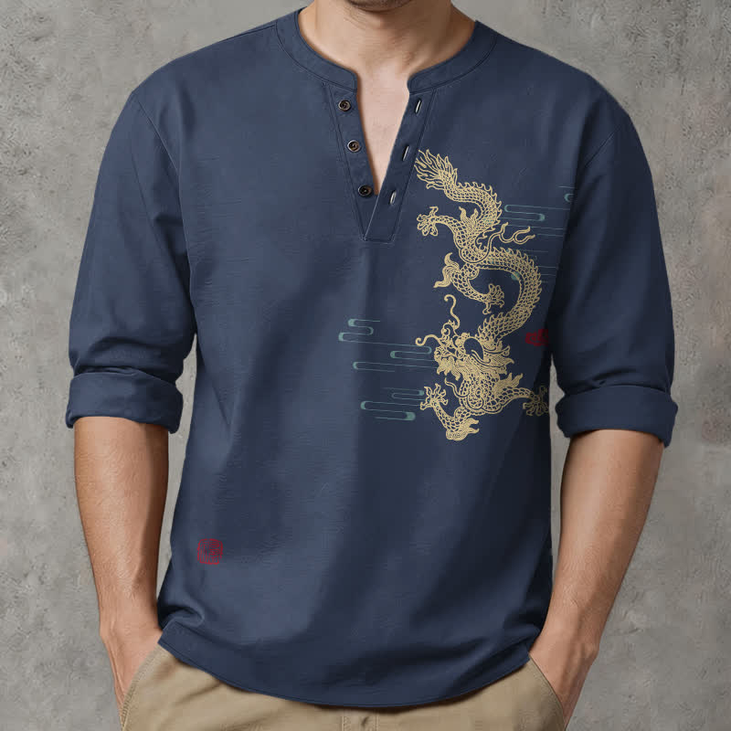 Buddha Stones Herren-Langarmhemd aus Baumwolle mit goldenem Drachen- und Wolkenmuster, V-Ausschnitt und Knöpfen - Marine - US/ UK/AU48, EU58 (4XL) - image 0