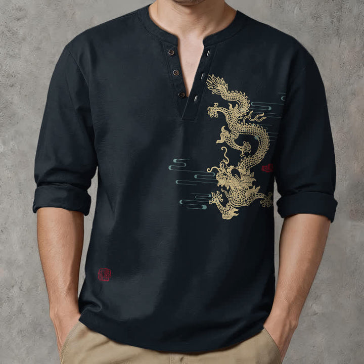 Buddha Stones Herren-Langarmhemd aus Baumwolle mit goldenem Drachen- und Wolkenmuster, V-Ausschnitt und Knöpfen - Schwarz - US/ UK/AU48, EU58 (4XL) - image 7