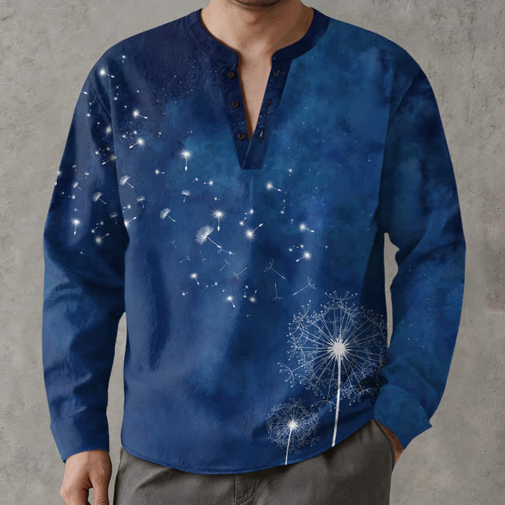 Buddha Stones Baumwollhemd mit Löwenzahnsamenmuster, V-Ausschnitt und Knöpfen, langärmlig - Marine - US/ UK/AU48, EU58 (4XL) - image 0