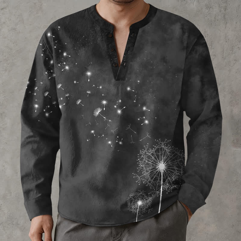 Buddha Stones Baumwollhemd mit Löwenzahnsamenmuster, V-Ausschnitt und Knöpfen, langärmlig - Schwarz - US/ UK/AU48, EU58 (4XL) - image 14