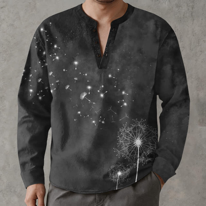 Buddha Stones Baumwollhemd mit Löwenzahnsamenmuster, V-Ausschnitt und Knöpfen, langärmlig - Schwarz - US/ UK/AU48, EU58 (4XL) - image 14