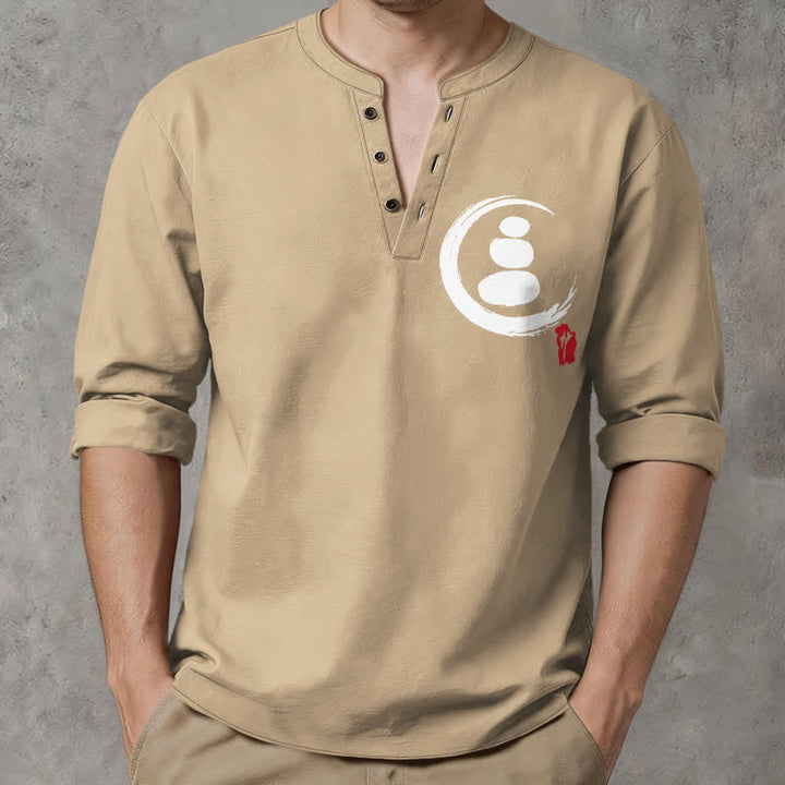 Buddha Stones Langarmhemd aus Baumwolle mit minimalistischem Zen-Symbolmuster, V-Ausschnitt und Knöpfen - Bräunen - US/ UK/AU48, EU58 (4XL) - image 0
