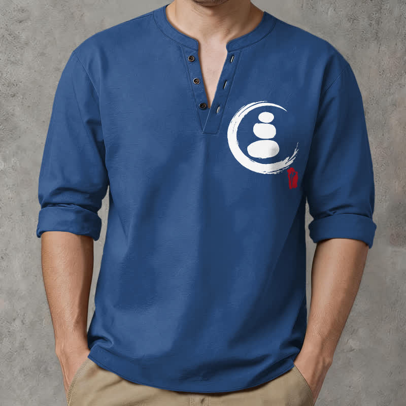 Buddha Stones Langarmhemd aus Baumwolle mit minimalistischem Zen-Symbolmuster, V-Ausschnitt und Knöpfen - SteelBlue - US/ UK/AU48, EU58 (4XL) - image 14