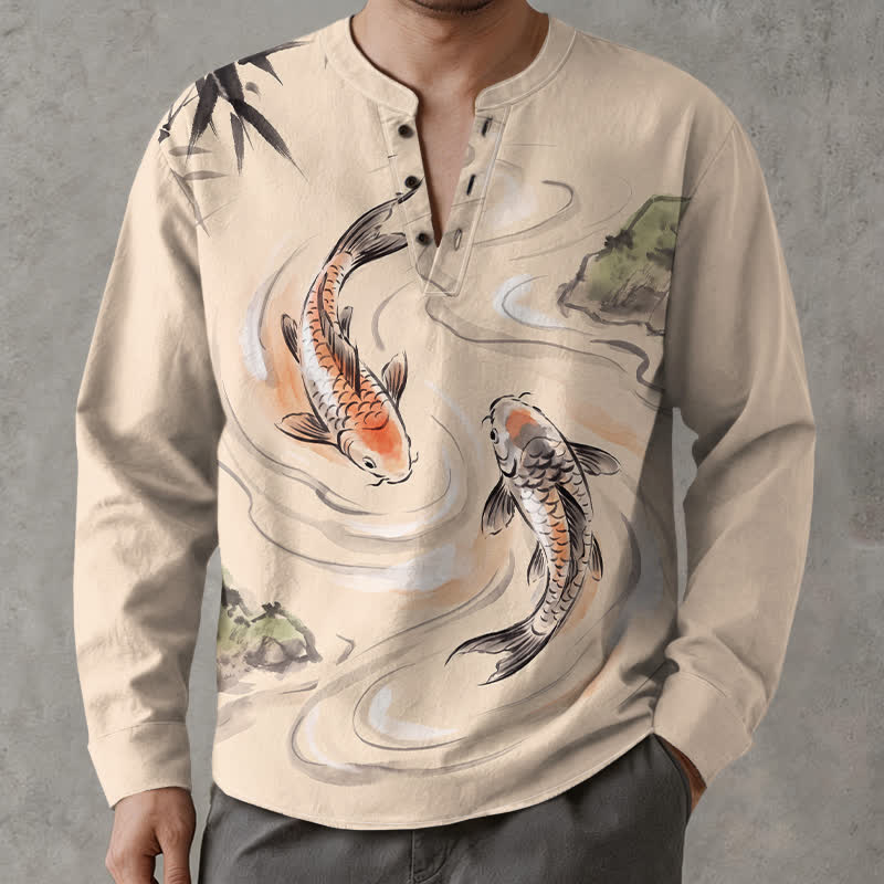 Buddha Stones Baumwollhemd mit Koi-Lotus-Tintenmuster, V-Ausschnitt und Knöpfen, langärmlig - Beige - US/ UK/AU48, EU58 (4XL) - image 0