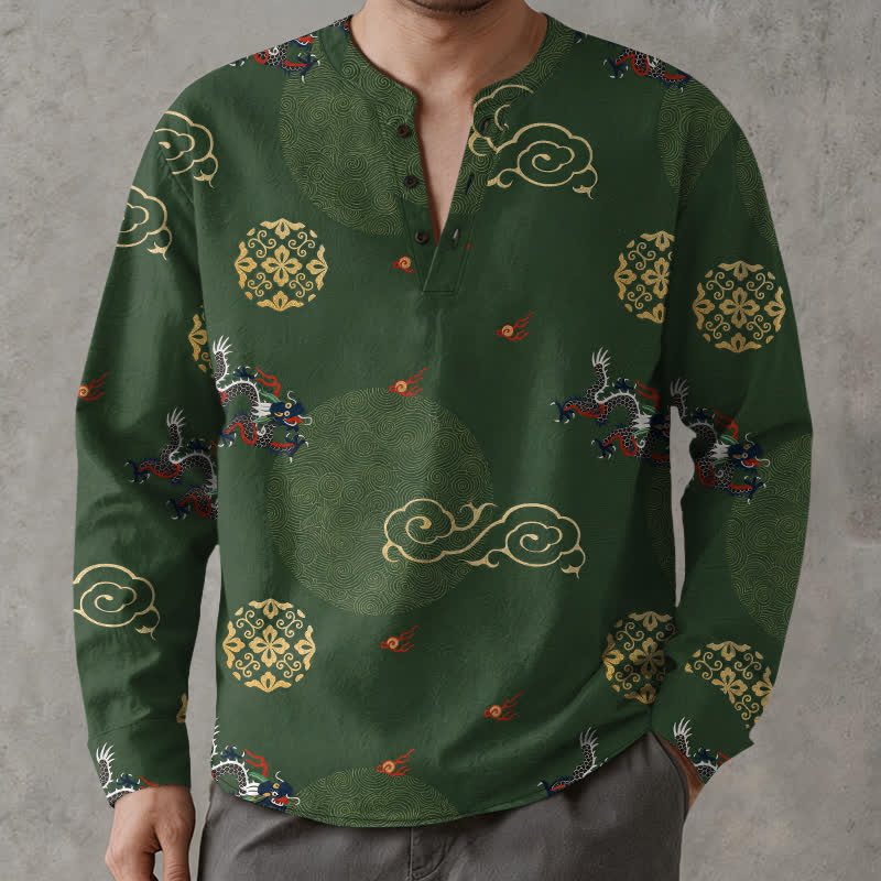 Buddha Stones Baumwollhemd mit Drachen- und Wolkenmuster, V-Ausschnitt und Knöpfen, langärmlig, für Herren - Mittelseegrün - US/ UK/AU48, EU58 (4XL) - image 0