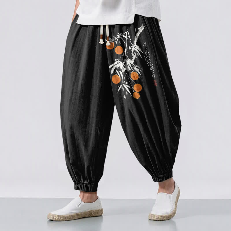 Buddha Stones Herren-Haremshose aus reiner Baumwolle mit Bambuszweigmuster, Kordelzug und Taschen - Schwarz - US/ UK/AU50, EU60 (5XL) - image 0