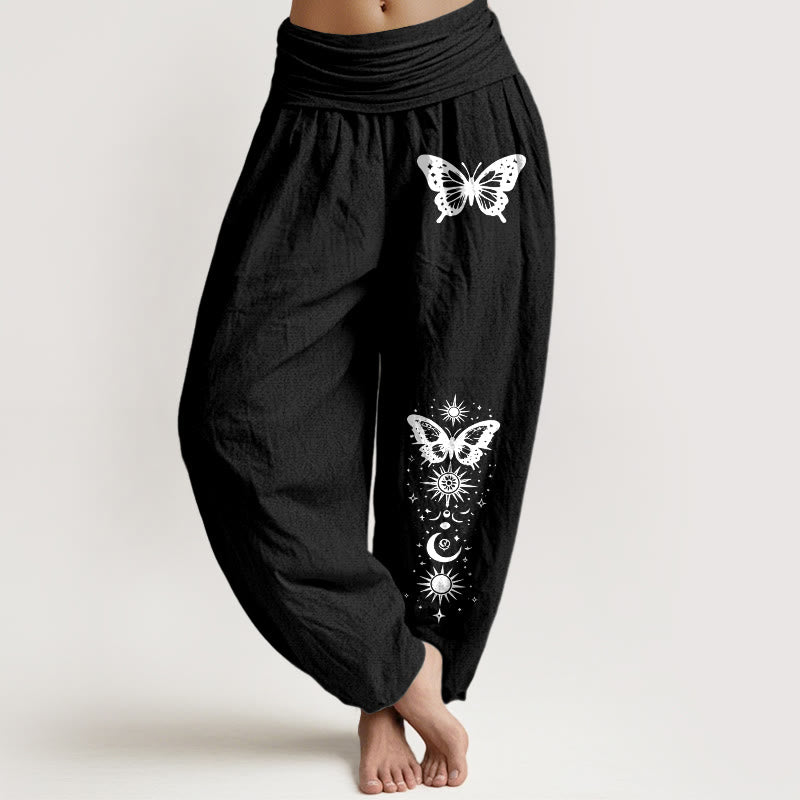 Buddha Stones Damen-Haremshose aus reiner Baumwolle mit Mond-, Stern- und Schmetterlingsmuster, elastischer Bund - Schwarz - US16, UK/AU20, EU48 (3XL) - image 0