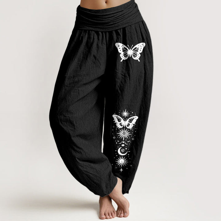 Buddha Stones Damen-Haremshose aus reiner Baumwolle mit Mond-, Stern- und Schmetterlingsmuster, elastischer Bund - Schwarz - US16, UK/AU20, EU48 (3XL) - image 0