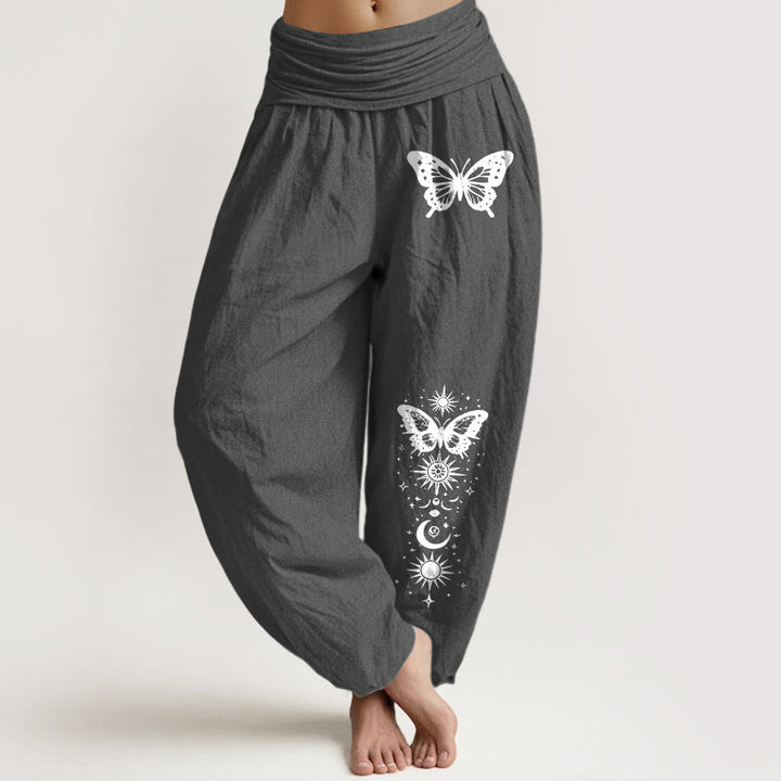Buddha Stones Damen-Haremshose aus reiner Baumwolle mit Mond-, Stern- und Schmetterlingsmuster, elastischer Bund - DimGray - US16, UK/AU20, EU48 (3XL) - image 8