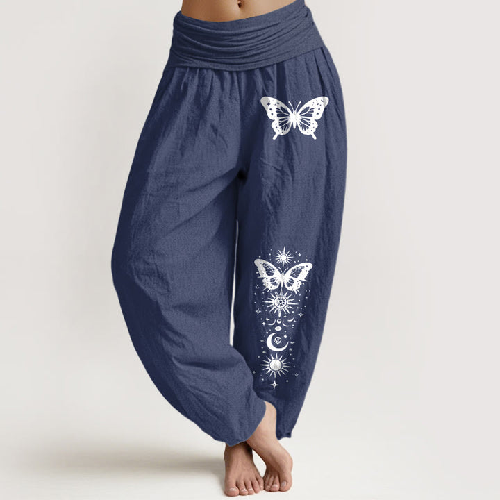 Buddha Stones Damen-Haremshose aus reiner Baumwolle mit Mond-, Stern- und Schmetterlingsmuster, elastischer Bund - Dunkelschieferblau - US16, UK/AU20, EU48 (3XL) - image 5