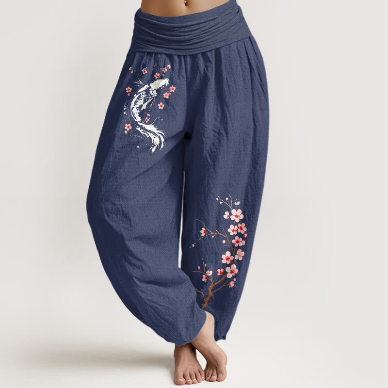 Buddha Stones Damen-Haremshose aus reiner Baumwolle mit Koi-Blumenzweigmuster und elastischem Bund - Dunkelschieferblau - US16, UK/AU20, EU48 (3XL) - image 5