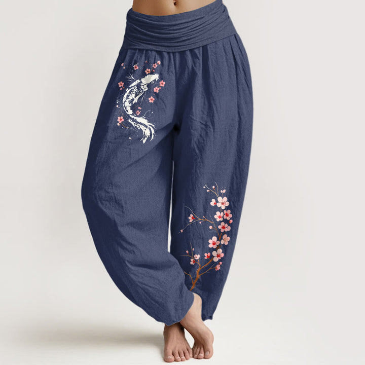 Buddha Stones Damen-Haremshose aus reiner Baumwolle mit Koi-Blumenzweigmuster und elastischem Bund - Dunkelschieferblau - US16, UK/AU20, EU48 (3XL) - image 5