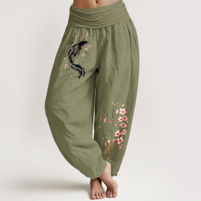 Buddha Stones Damen-Haremshose aus reiner Baumwolle mit Koi-Blumenzweigmuster und elastischem Bund - Olivgrün - US16, UK/AU20, EU48 (3XL) - image 14