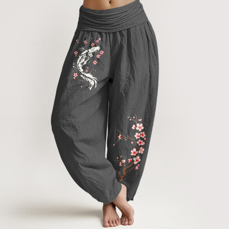 Buddha Stones Damen-Haremshose aus reiner Baumwolle mit Koi-Blumenzweigmuster und elastischem Bund - DimGray - US16, UK/AU20, EU48 (3XL) - image 8