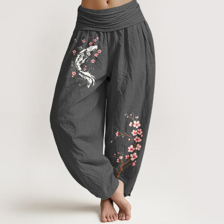 Buddha Stones Damen-Haremshose aus reiner Baumwolle mit Koi-Blumenzweigmuster und elastischem Bund - DimGray - US16, UK/AU20, EU48 (3XL) - image 8