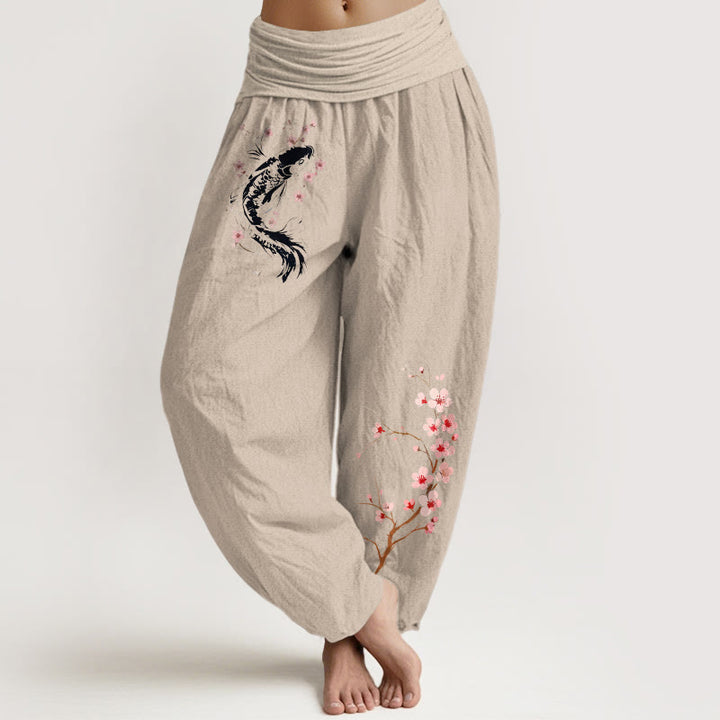 Buddha Stones Damen-Haremshose aus reiner Baumwolle mit Koi-Blumenzweigmuster und elastischem Bund - Bräunen - US16, UK/AU20, EU48 (3XL) - image 11